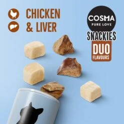 Cosma Snackies DUO 2 In 1 – Saver Pack Mixed Pack: 3 Flavours (131g) 17 Cosma Snackies DUO 2 In 1 – Saver Pack Mixed Pack: 3 Flavours (131g) -Zoo Plus 1 70174 cosma snackies duo foodboard chickenliver 1000x1000 4