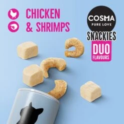 Cosma Snackies DUO 2 In 1 – Mixed Trial Pack 3 Flavours (77g) -Zoo Plus 70066 cosma snackies duo foodboard chickenshrimps 1000x1000 7
