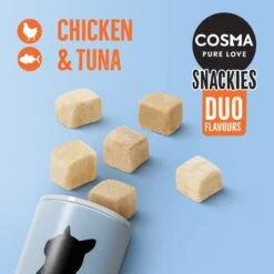 Cosma Snackies DUO 2 In 1 – Mixed Trial Pack 3 Flavours (77g) -Zoo Plus 70175 cosma snackies duo foodboard chickentuna 1000x1000 1